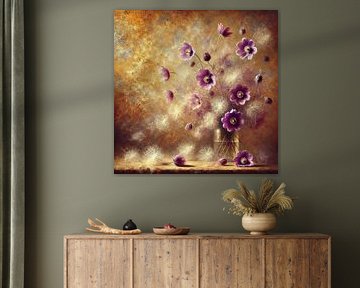 Colourful Impression of Purple Flowers on a Gold Background by Lieke van den Oord