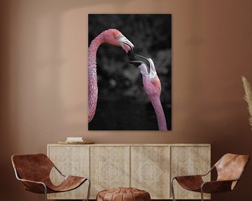 Teder portret van roze Flamingo liefde met monochrome achtergrond van Wildlife Designs