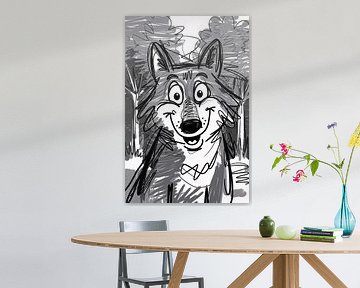 Speelse wolf lijntekening zwart-wit