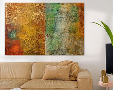 Abstract schilderij in herfstkleuren, Rood, Oranje, Geel, Groen, Teal, Lichtblauw, Beige van Joriali Abstract