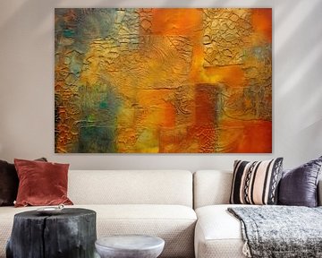 Abstract schilderij in herfstkleuren, Rood, Oranje, Geel, Groen, Teal, Lichtblauw, Beige van Joriali Abstract