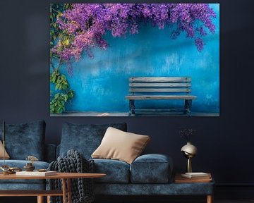 Blauwe muur met bloemen van Poster Art Shop