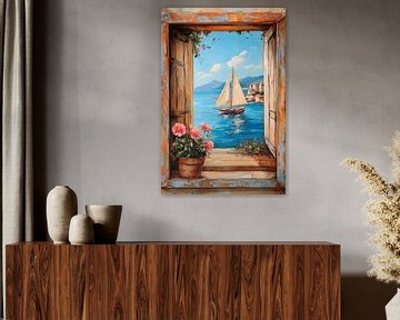 Venster met uitzicht op zee van Poster Art Shop
