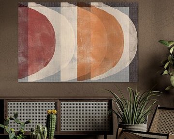 Moderne abstracte minimalistische kunst. Vormen in oker, terracotta, wit op grijs en bruin linnen. van Dina Dankers