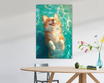 Schwimmender Corgi von Poster Art Shop