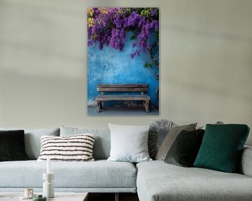 Mur bleu avec des fleurs sur Poster Art Shop