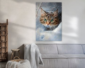 Kattengezicht in de sneeuw van Poster Art Shop