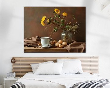 Still life with yellow flowers in shades of brown
