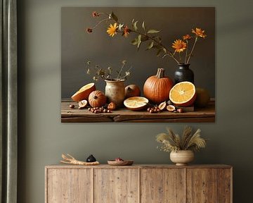 Still life with flowers in a vase in shades of brown