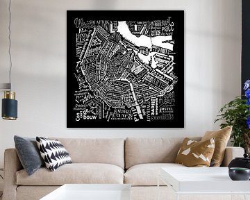 Amsterdam zwart wit in woorden: Plattegrond met A'dam toren