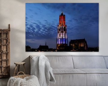 Cityscape of Utrecht with red-white-and-blue Dom tower during the start of the Tour de France 