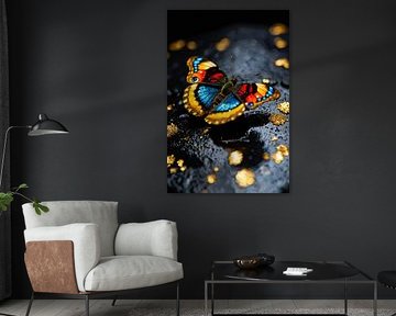 Colourful butterfly on black stone