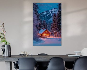 Winter hut nacht van Poster Art Shop