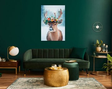 Hert met bloemenkrans van Poster Art Shop