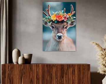 Hert met bloemenkrans van Poster Art Shop