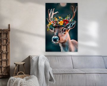 Hert met bloemenkrans van Poster Art Shop