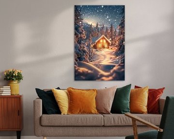 Winter hut nacht van Poster Art Shop