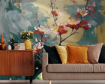 Japandi Stilleven schilderij. Roze bloesem op gouden vaas van Studio Pieternel
