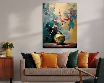 Japandi Stilleven schilderij. Roze bloesem op gouden vaas van Studio Pieternel