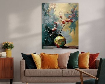 Japandi Stilleven schilderij. Roze bloesem op gouden vaas van Studio Pieternel