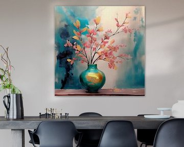 Japandi Stilleven schilderij. Bloesem op Vaas in Turquoise en Goud van Studio Pieternel