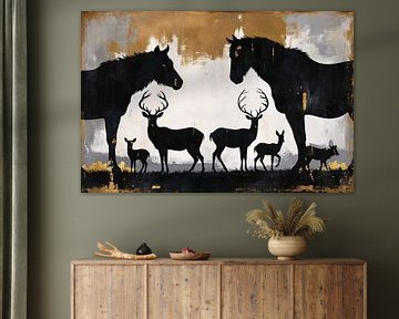 Silhouetten van paarden en herten