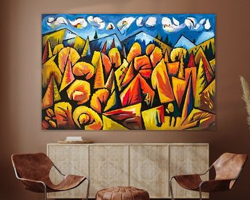 Kubistisch boslandschap met bergen van Art & Soul Creations