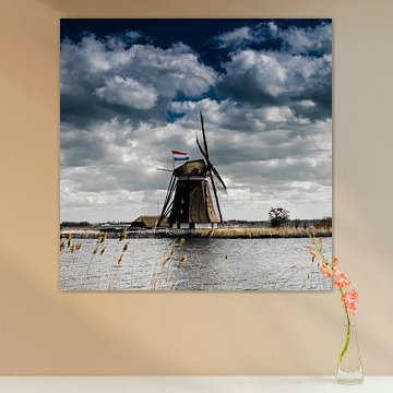 Eendragtsmolen entlang des Flusses Rotte mit der niederländischen Flagge