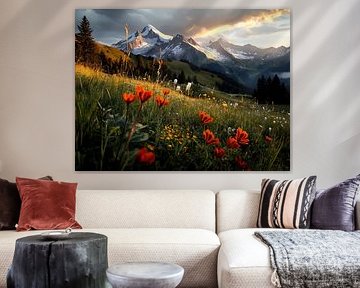 Rote Blumenpracht vor Berggipfeln