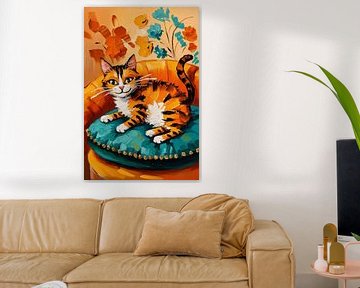 Colourful cat on pillow by Art & Soul Creations