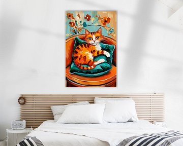 Cat on colourful cushion by Art & Soul Creations