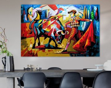 Kleurrijk abstract stierengevecht schilderij van Art & Soul Creations