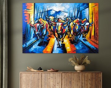 Kleurrijke stieren in abstract landschap van Art & Soul Creations