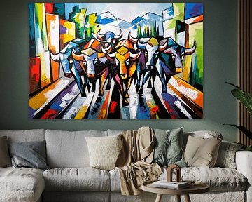 Kleurrijke stieren in abstracte stad