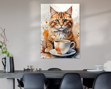 Kat en koffie aquarel van MIROKKU