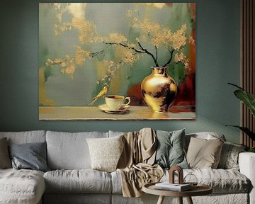 Stilleven schilderij. Gouden vaas met vogeltje op kop en schotel. van Studio Pieternel