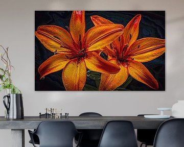 Two flamed orange lilies with raindrops by Rietje Bulthuis
