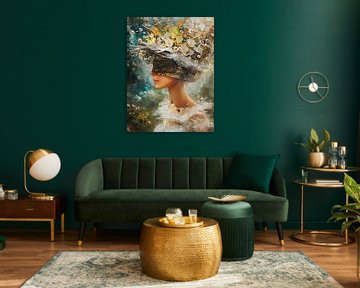 Vrouwenportret | Floating Pearls and Flowers van Abstract Schilderij