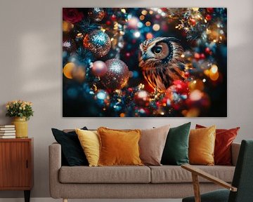 Feestelijke Nachtwacht - Uil te Midden van Glinsterende Kerstdecoraties van Eva Lee