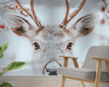 Winter Deer Smile - Snow-white Deer in Enchanted Winter Landscape by Eva Lee