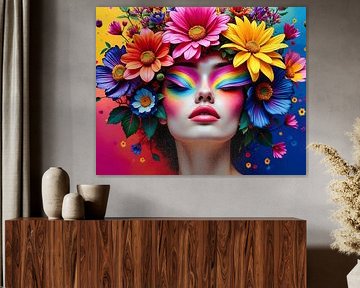 Surrealistisch portret van een vrouw met kleurige bloemen van The Photo Artist