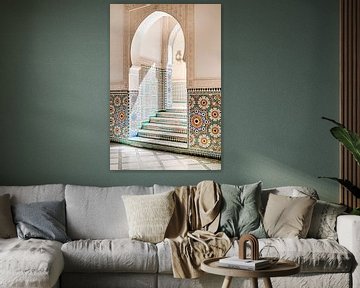 Mosaic-decorated walls and stairs in Moroccan mausoleum by Melissa Peltenburg