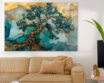 Abstracte boom in goud en turquoise van Art & Soul Creations