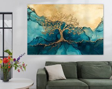 Gouden boom met turquoise achtergrond van Art & Soul Creations