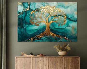 Gouden boom op turquoise achtergrond van Art & Soul Creations
