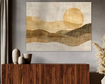 Abstract Landschap Schilderij | Calm Sands under Golden Sky van Modern Collection