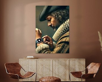 Rembrandt kijkt naar zijn Apple Watch