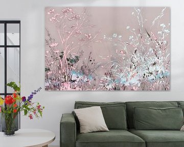 Japanse wilde bloemen, landschapschilderij in zachte kleuren van Mad Dog Art