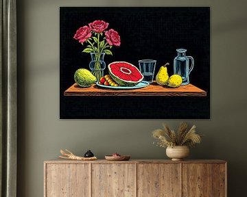 Een kleurrijk stilleven met meloen en bloemen van The Photo Artist