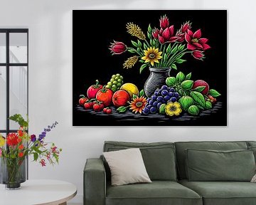 Een kleurrijk stilleven met druiven en bloemen van The Photo Artist